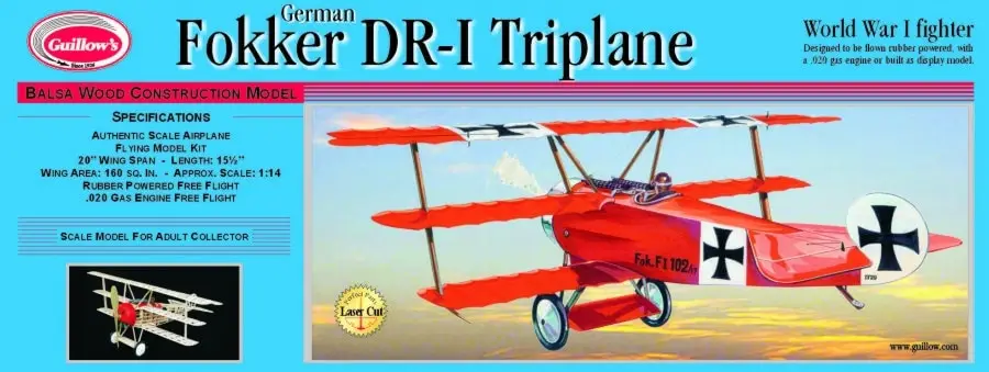 Guillows Fokker Triplane - Laser Cut - houten modelbouw vliegtuig Gratis Retour
