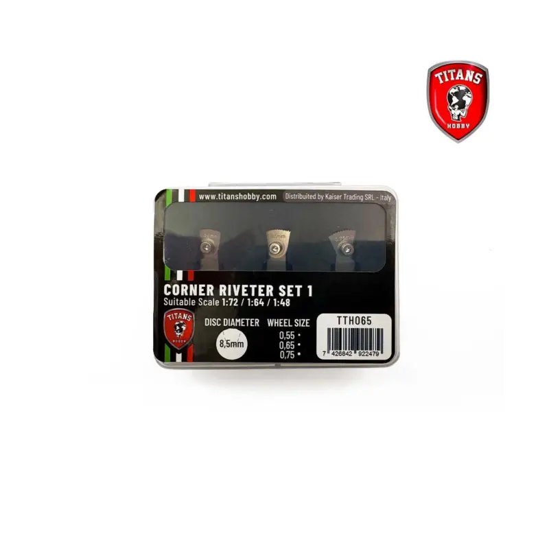 Laatste Kans TITANS HOBBY: HOEKKLINKNAGELMAKER GEREEDSCHAPSSET 1 voor schalen 1:72/1:64/1:48 - 3 wielen diam. 8,5mm x mm. 0,55/0,65/0,75