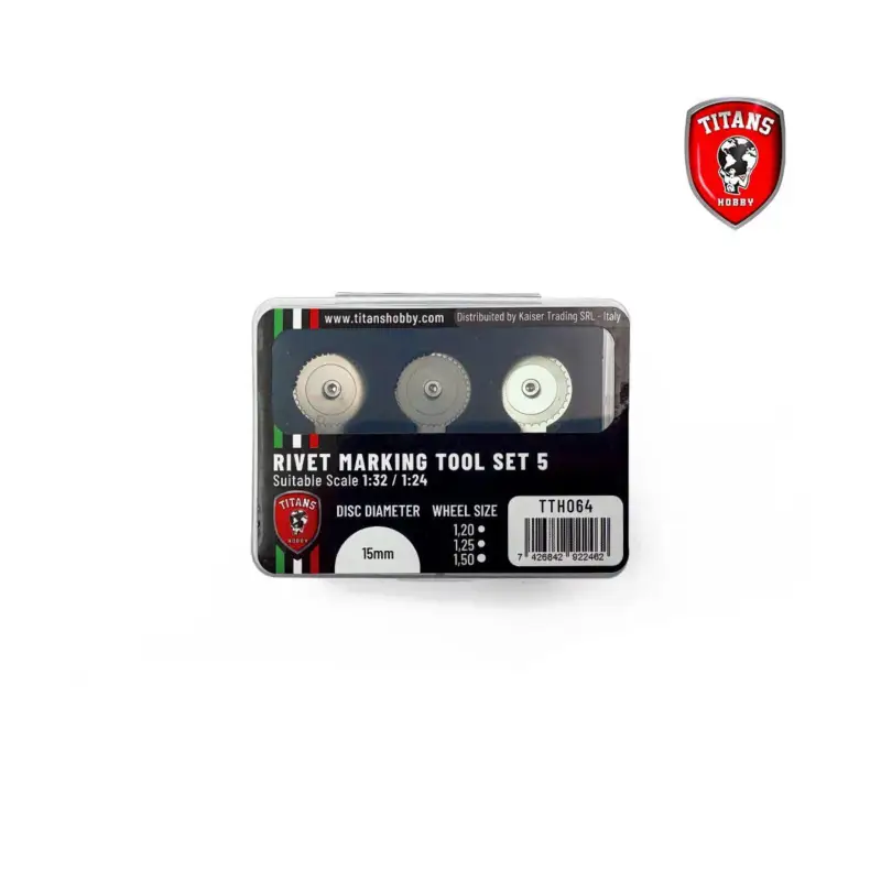 TITANS HOBBY: Set 5 Di Utensili Per Rivetti - 3 Rotelle diam.15mm per schaal 1:32/1:24 x mm. 1,20/1,25/1,50 Premium