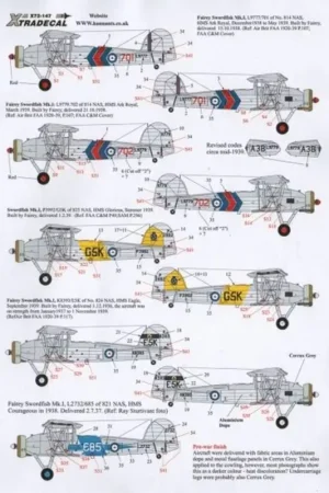 Sticker Fairey Swordfish Mk.I Part 2 (11) L9777/701 or L9779/702 both 814 NAS HMS Ark Royal March 1939; P3992 G5K 825 NAS HMS Gl Lage Prijs