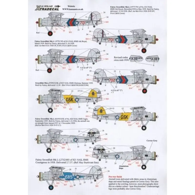 Sticker Fairey Swordfish Mk.I Part 2 (11) L9777/701 or L9779/702 both 814 NAS HMS Ark Royal March 1939; P3992 G5K 825 NAS HMS Gl Lage Prijs
