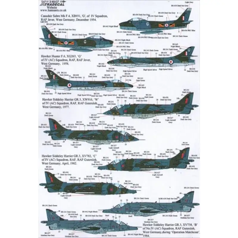 Sticker RFC/RAF 100 Years of 4 Sqn Pt 2 (7) Canadair Sabre Mk.F.4 XB931/G RAF Jever 1954; Hawker Hunter F.6 XG263/G RAF Guterslo Gecertificeerd