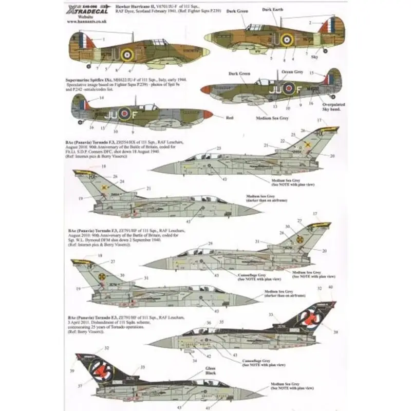 Exclusieve Aanbieding Sticker RAF 111 Squadron History Part 1 (5) Hurricane Mk.I V6701 JU-F RAF Dyce Feb 1941; Supermarine Spitfire Mk. IXc MH622 JU-F