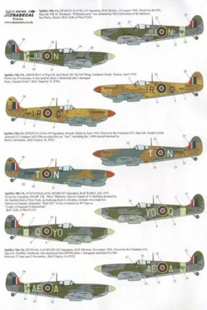 Premium Sticker Supermarine Spitfire Mk.Vb late (6) EP166 JU-N 111 Sqn S/Ldr P.R.W.Wickham 'O Bandeirante' 1942; W3843 YO-Q 401 (RCAF) P