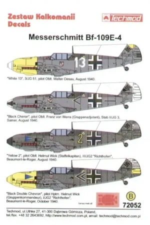 Tijdelijk Beschikbaar Sticker Messerschmitt Bf 109E-4 (4) White 13 3/JG 51 Oblt Walter Oesau yellow nose 8/1940; Black < Stab II/JG 3 Oblt Franz vo