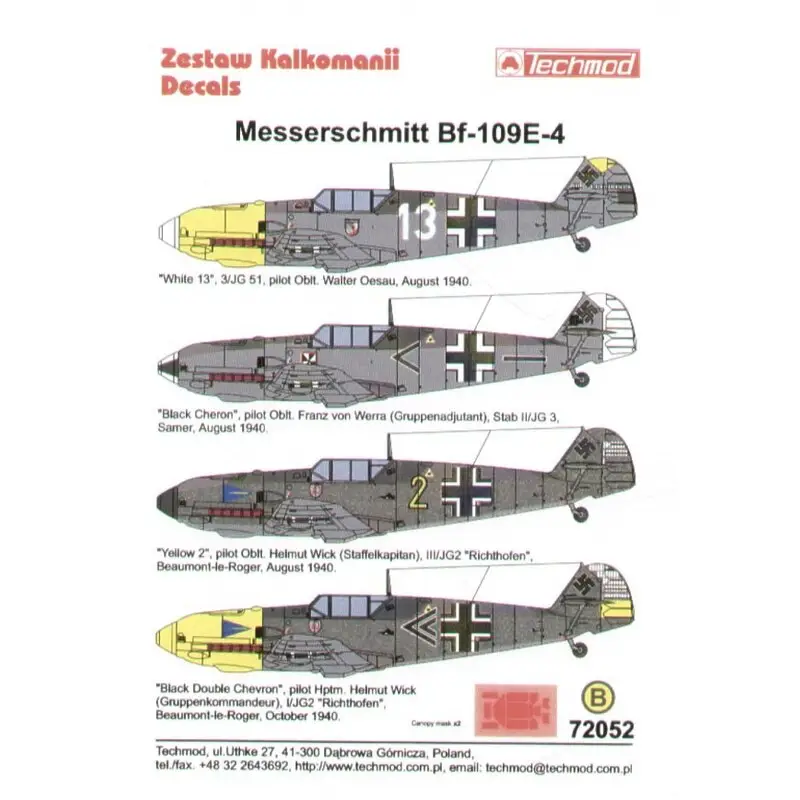 Tijdelijk Beschikbaar Sticker Messerschmitt Bf 109E-4 (4) White 13 3/JG 51 Oblt Walter Oesau yellow nose 8/1940; Black < Stab II/JG 3 Oblt Franz vo