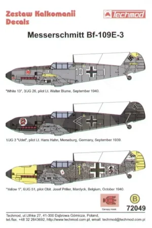 Sticker Messerschmitt Bf 109E-3 (3) White 17 3/JG 26 Lt Walter Blume 9/1940; Black < 1/JG 3 Udet Lt Hans Hahn, 9/1939; Yellow Nu Kopen
