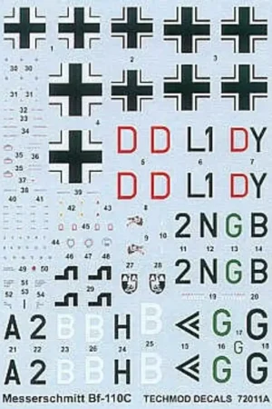 Sticker Messerschmitt Bf 110C (3) L1+DY I/LG1 Prussia 1939; <2N+GB Hptm Wolfgang Falck Gruppenkommandeur 1/ZG1 1940. both RLM Speciale Aanbieding