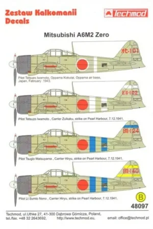 Sticker Mitsubishi A6M2 'Zero' (4) t-101 Pilot Tetsuzo Iwamoto Oppama Air Base 1943; EII-102 Carrier Zuikaku; BII-124 Carrier Hi Gecertificeerd