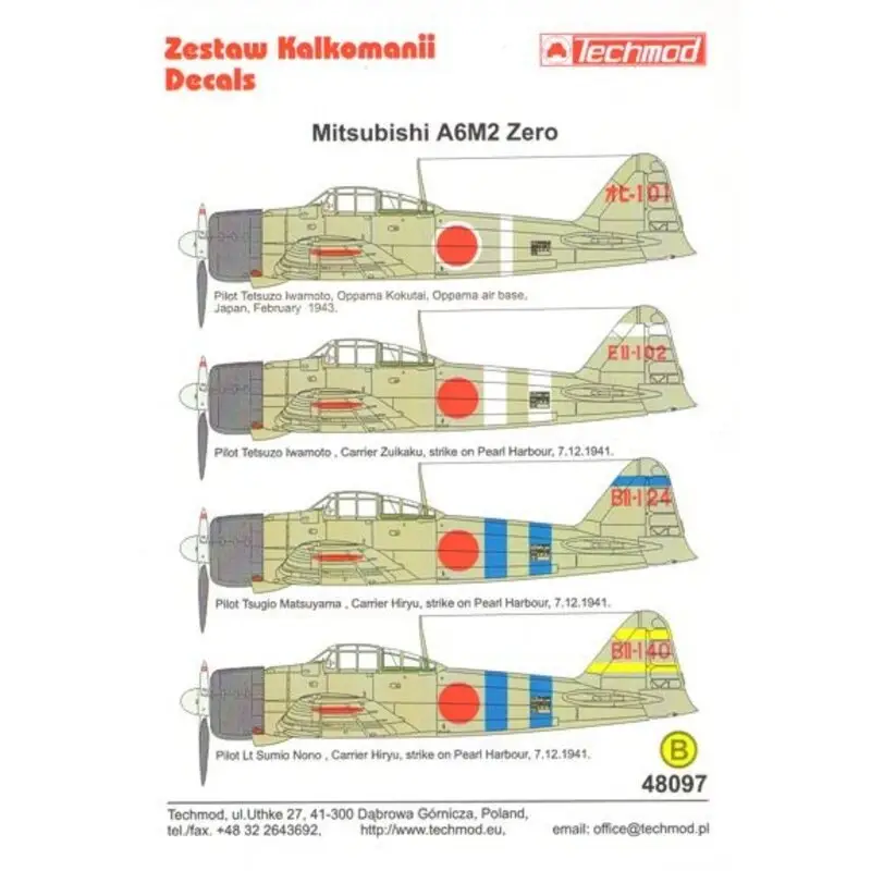 Sticker Mitsubishi A6M2 'Zero' (4) t-101 Pilot Tetsuzo Iwamoto Oppama Air Base 1943; EII-102 Carrier Zuikaku; BII-124 Carrier Hi Gecertificeerd