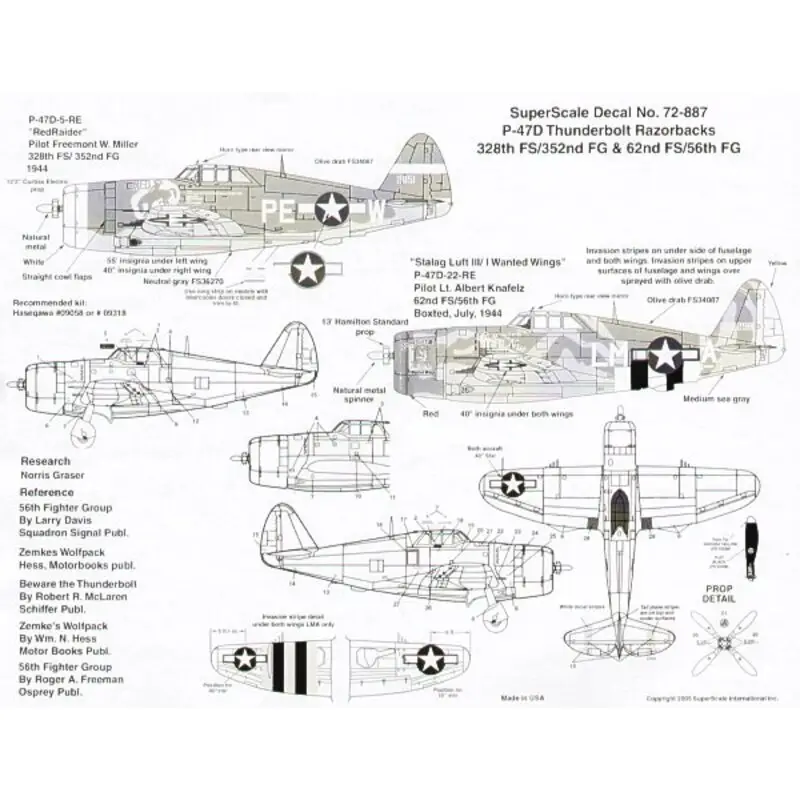 Alleen Vandaag Sticker Republic P-47D Thunderbolt Razorbacks (2) 42-851 PE-W 328 FS/352 FG F.W.Miller `Red Raider'; 42-286298 LM-A 62 FS/56 FG