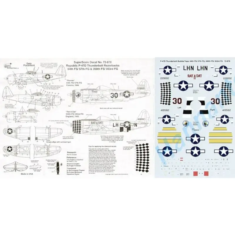 Laatste Versie Sticker Republic P-47D Thunderbolt Razorback (2) 4229002 `Ponnie' 64th FS/57th FG Corsica 1944; 4419562 `Rat A Dat' 350th FS/353