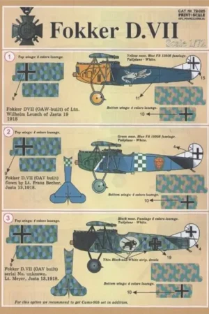 Sticker Fokker D.VII Pt 2 (6) Jasta 19 Yellow nose; Jasta 18 blue fuselage with blue/white check band; Jasta 13 Lozenge fuselage Laatste Kans