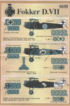 Hete Deal Sticker Fokker D.VII Pt 2 (6) Jasta 19 Yellow nose; Jasta 18 blue fuselage with blue/white check band; Jasta 13 Lozenge fuselage