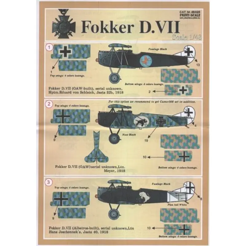 Hete Deal Sticker Fokker D.VII Pt 2 (6) Jasta 19 Yellow nose; Jasta 18 blue fuselage with blue/white check band; Jasta 13 Lozenge fuselage