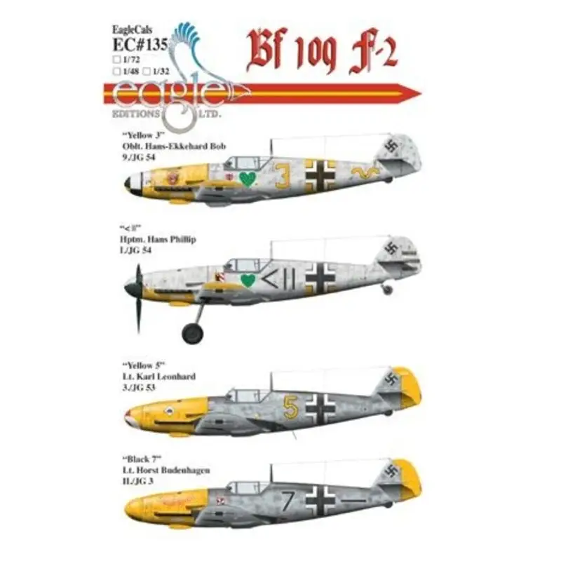 Koopje Sticker Messerschmitt Bf 109F-2. Includes.. 'Yellow 3' Oblt. Hans-Ekkehard Bob 9./JG 54 '< ||' Hptm. Hans Phillip I./JG 54 'Y