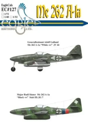 Sticker Messerschmitt Me 262A-1a. (2) White << JV 44 General Adolf Galland; Black << Green 1 Stab III./JG 7 Major Ru Korting