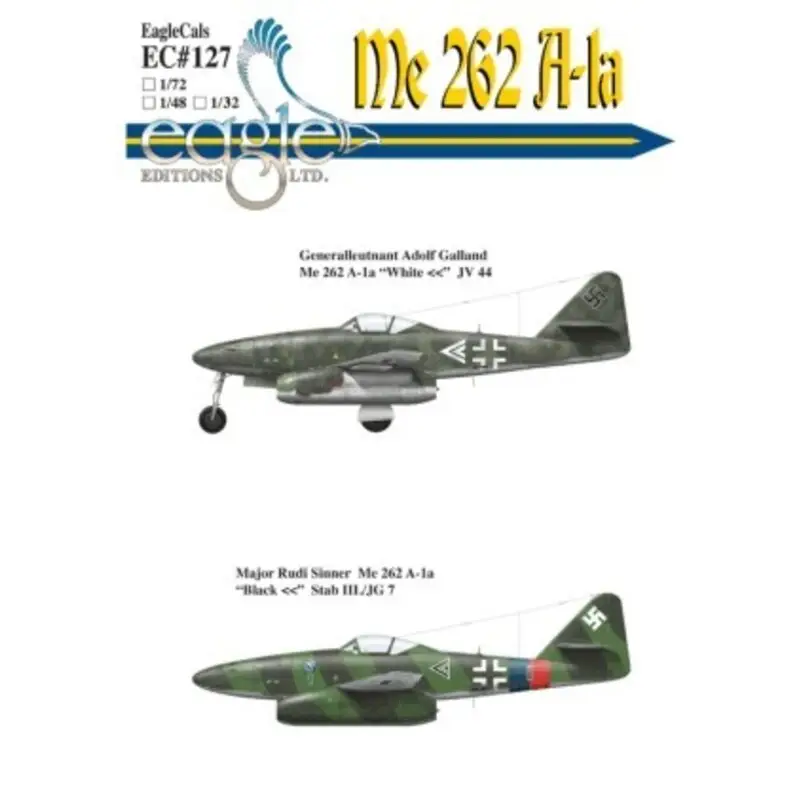 Sticker Messerschmitt Me 262A-1a. (2) White << JV 44 General Adolf Galland; Black << Green 1 Stab III./JG 7 Major Ru Korting