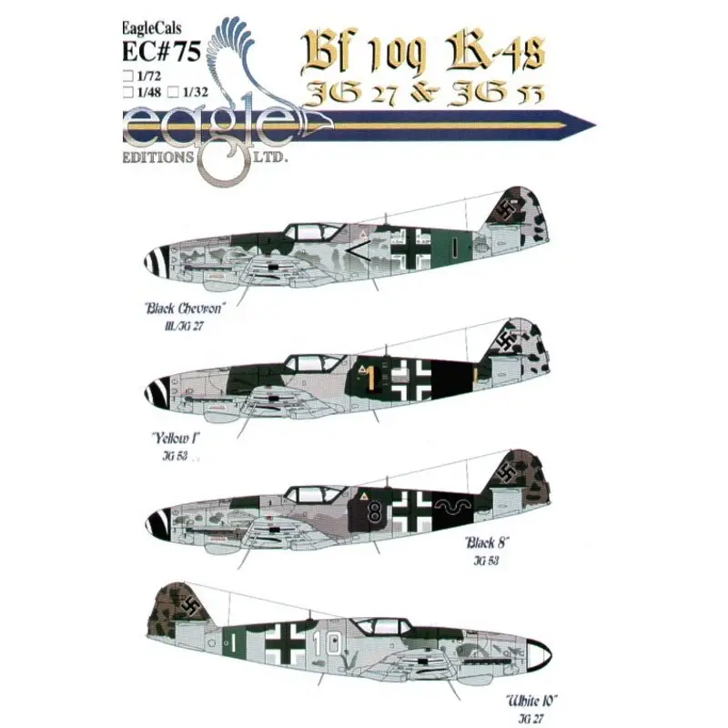 Snelle Levering Sticker Messerschmitt Bf 109K-4 (4) Black < Stab III/JG27 with RLM 25 green tail band; Yellow 1 II/JG53 Lt G.Landi; Black 8 1