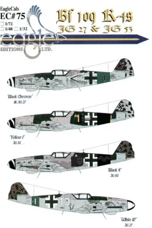 Sticker Messerschmitt Bf 109K-4 (4) Black < Stab III/JG27 with RLM 25 green tail band; Yellow 1 II/JG53 Lt G.Landi; Black 8 1 Weekendaanbieding