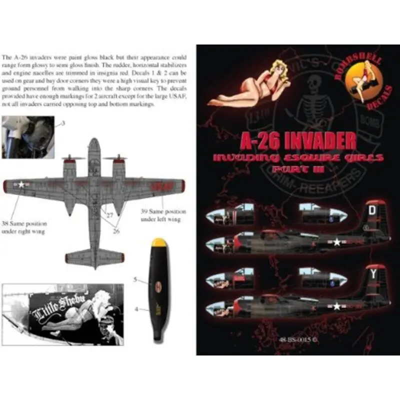 Sticker Douglas A-26B Invader (2) 44-22342/D 'Sylvia' 13th BS; 44-35361/Y 'Little Sheba' 13th BS. Both overall black with red an Merkproduct