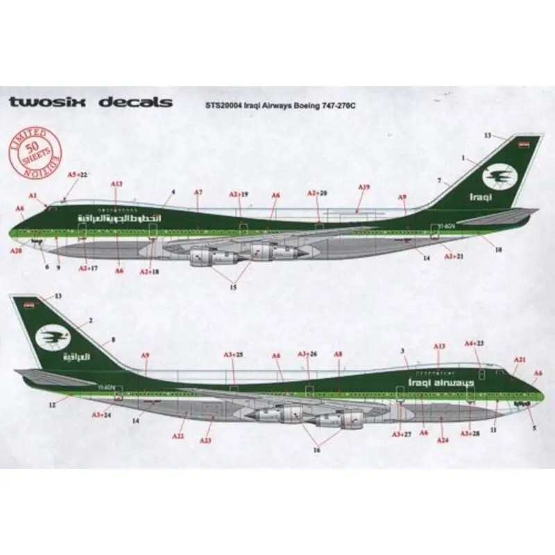Exclusieve Aanbieding Sticker Boeing 747-270C IRAQI Airways YI-AGN/O/P