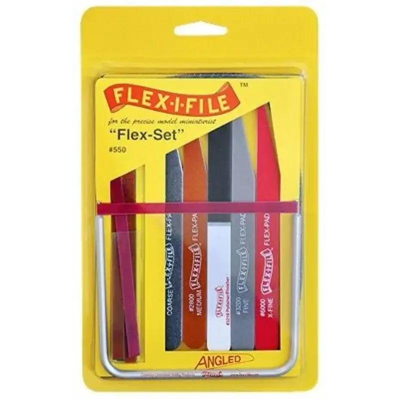 Flex Set includes 5 flex-pads (X-fine, fine, Medium and Coarse), 1 triple grit polisher, 1 anodized aluminum frame, and 8 assort Flitsaanbieding