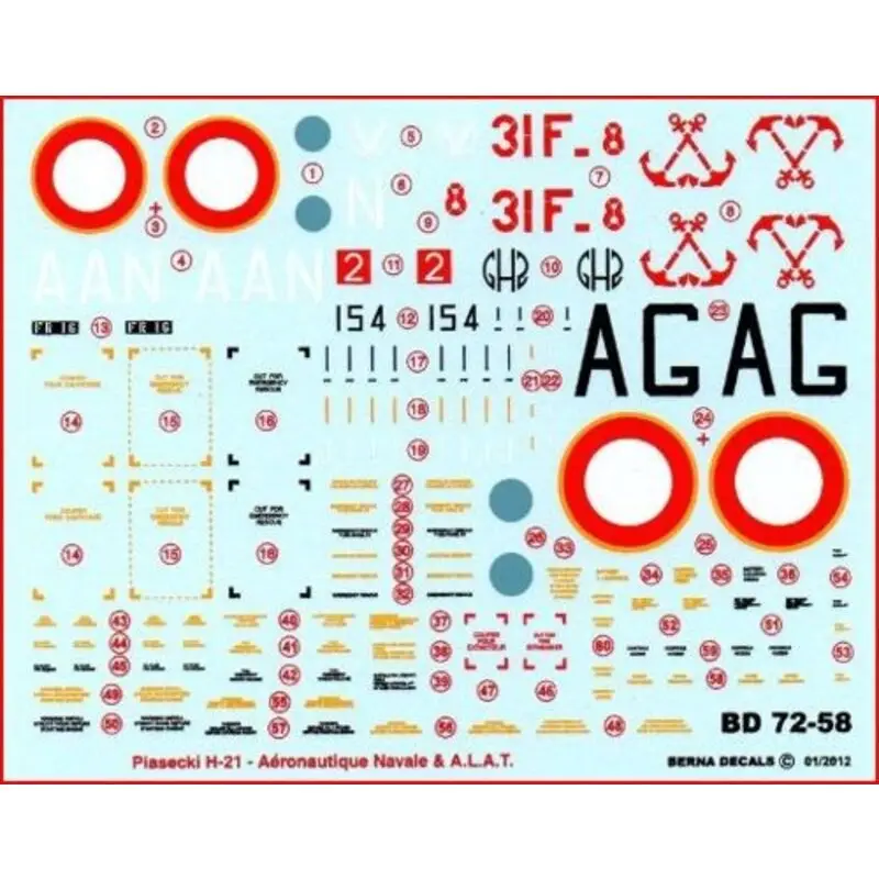 Aanbieding Sticker Piasecki H-21 (3) GH.2 A.L.A.T Constantine 1956, 31F Aeronautique Navale Alger Maison-Blanche 1958, GH.2 A.L.A.T Oran-La