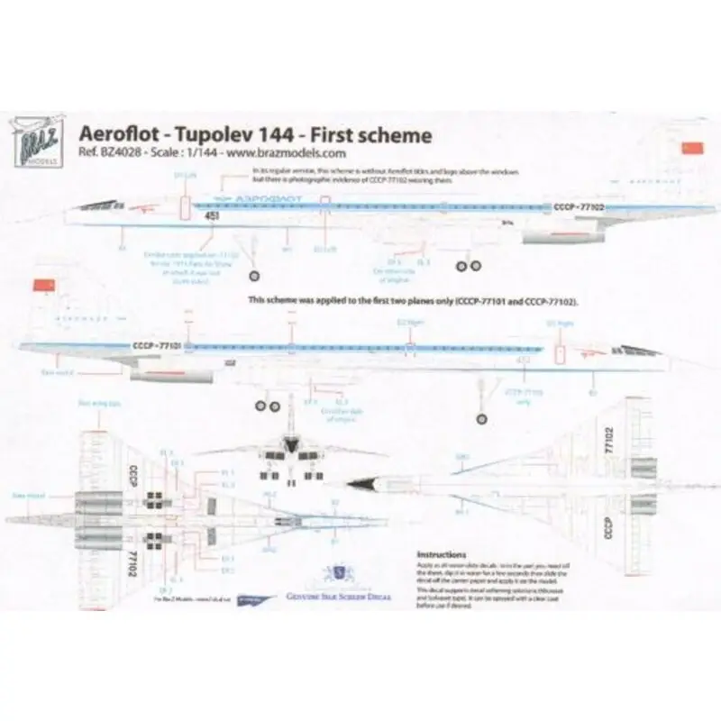 Shop Nu Sticker Tupolev Tu-144 Aeroflot CCCP-77101/77102 First Scheme(for ICM kits) Decal