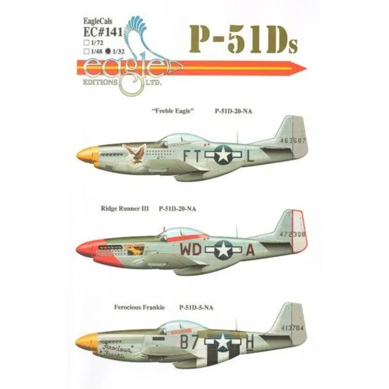 Sticker P-51D Mustang Part 3 (3) 44-63607 FT-L 354th FG Lt.Col.Glenn T. Eagleston yellow nose; 44-72308 WD-A 4th FG Maj Peirce W Snelle Levering