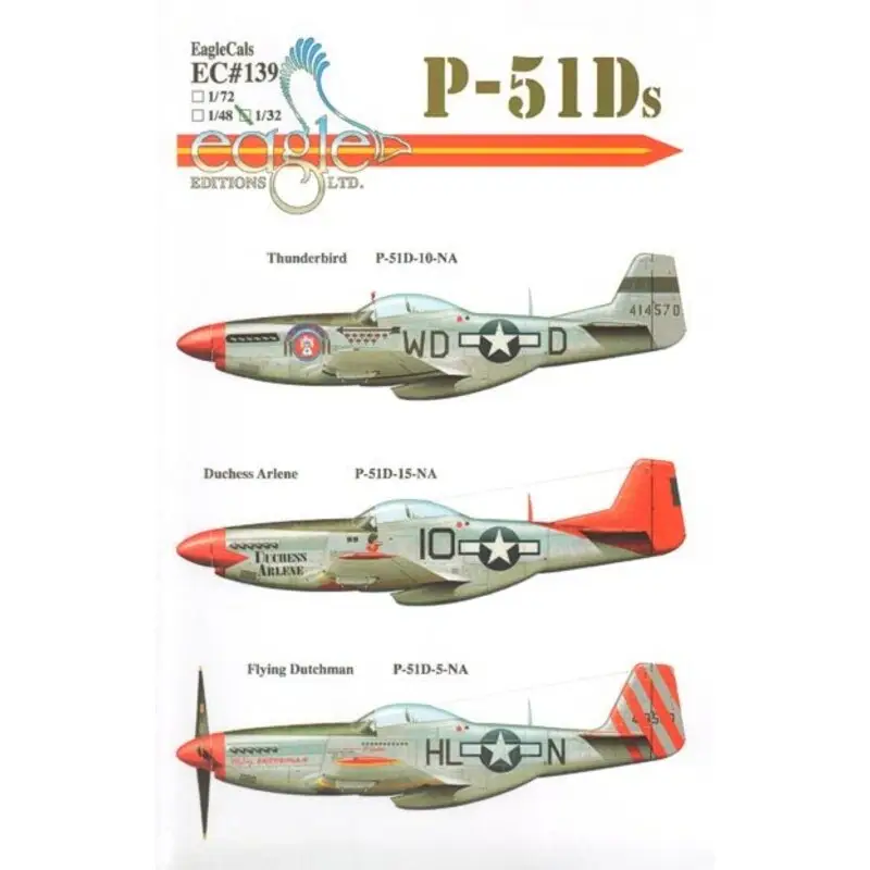 Sticker P-51D Mustang Part 1 (3) 44-14570 WD-D 334th FS 4th FG Capt Ted E. Lines 'Thunderbird' red nose; 44-15648/10 Lt Robert W Koop Vandaag