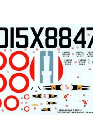 Sticker Curtiss H-75 (P-36) Hawk Aces of GC I/4 : Guillaume 78 Cucumel 85 Hotellier 115 Joire 115 Korting