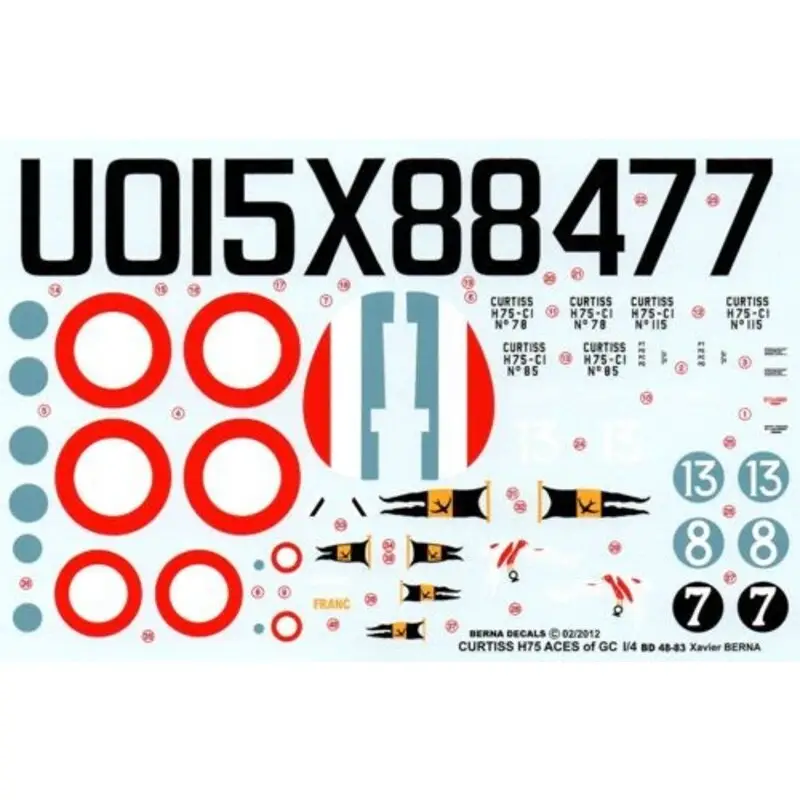 Sticker Curtiss H-75 (P-36) Hawk Aces of GC I/4 : Guillaume 78 Cucumel 85 Hotellier 115 Joire 115 Korting