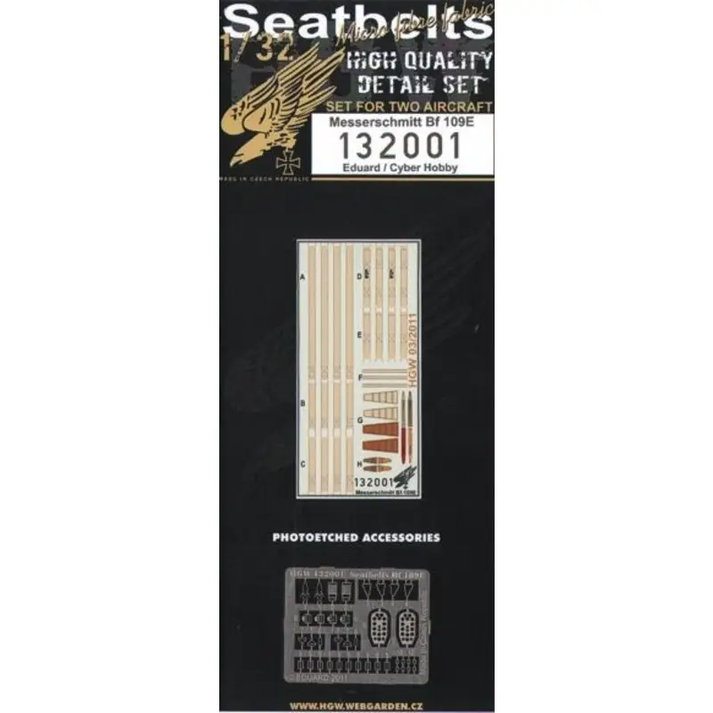 Messerschmitt Bf 109E seat belts. 2 sets of fabric belts with etched buckles (for Cyber-Hobby Eduard and Trumpeter kits) Lage Kosten