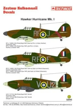 Sticker Hawker Hurricane Mk.I (3) V6665 RF-J 303 (Polish) Squadron Flt. Lt J.A.Kent Northolt 1940; V6684 RF-F 303 (Polish) Squad Betaalbaar