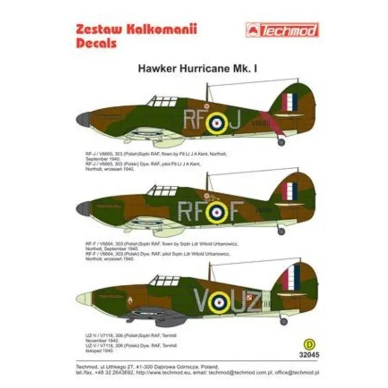 Sticker Hawker Hurricane Mk.I (3) V6665 RF-J 303 (Polish) Squadron Flt. Lt J.A.Kent Northolt 1940; V6684 RF-F 303 (Polish) Squad Betaalbaar