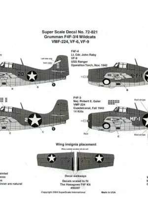 Sticker Grumman F4F-3/4 Wildcat (4) No 20 VF-6 Donald Runyon USS Enterprise; No 2 VMF-223 Capt Marian Carl 12 kills Guadalcanal; Beste Prijs