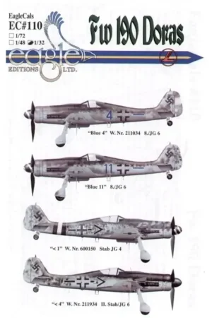 Sticker Focke-Wulf Fw 190D-9 Pt 3 (4) Blue 4+- and Blue 11+- 8/JG 6 RLM 76/76/83; I Stab JG 4 Black/white fuselage band RLM 74 Beste Prijs