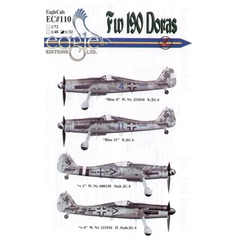 Sticker Focke-Wulf Fw 190D-9 Pt 3 (4) Blue 4+- and Blue 11+- 8/JG 6 RLM 76/76/83; I Stab JG 4 Black/white fuselage band RLM 74 Beste Prijs