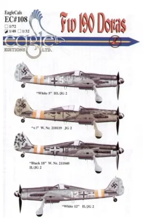 Sticker Focke-Wulf Fw 190D-9 Pt 1 (4) White 5 III/JG 2 RLM 74/75/76; I JG 2 RLM 81/82/83; Black 18 II/JG 2 RLM 75/76/83; White Laatste Versie