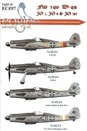 Sticker Focke-Wulf Fw 190D-9 (4) Yellow 15 7/JG301 red/yellow fuselage band; Blue 9 II/JG6 RLM 81/83/76; Black -+- ′Christl′ St Op = Op