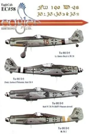 Uitverkoop Sticker Focke-Wulf Fw 190D-9 (4) Brown 18 7/JG26 Lt Seyd black/white fuselage band; Black -+- JG4; Black 1+~ Stab IV/JG51 curr