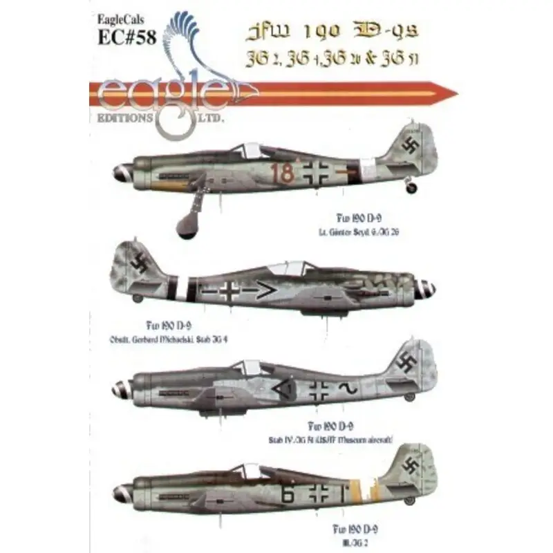 Uitverkoop Sticker Focke-Wulf Fw 190D-9 (4) Brown 18 7/JG26 Lt Seyd black/white fuselage band; Black -+- JG4; Black 1+~ Stab IV/JG51 curr
