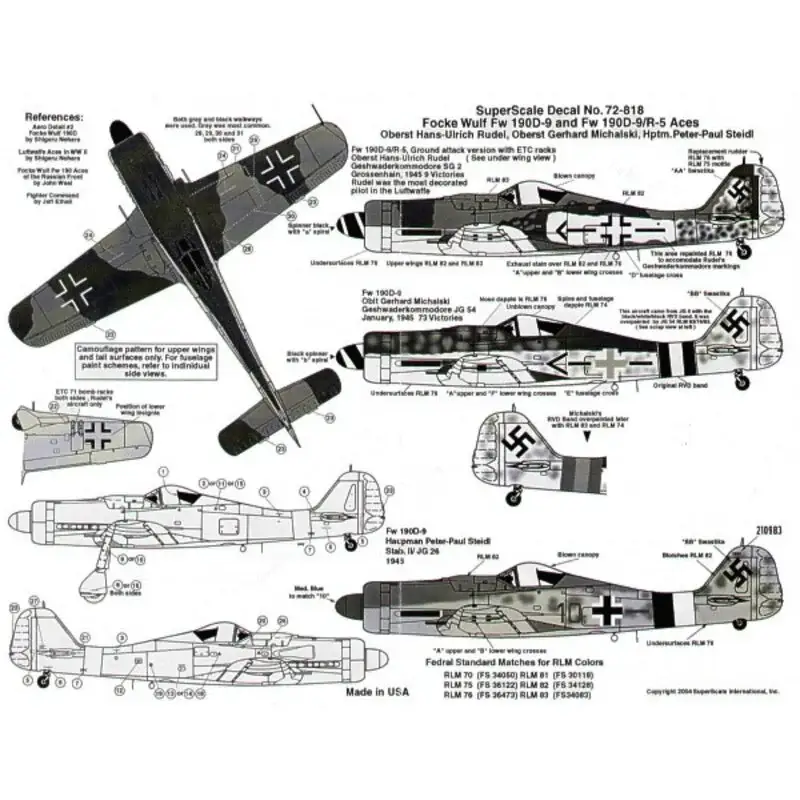 Tijdelijk Beschikbaar Sticker Focke-Wulf Fw 190D-9 (3) Black -+- Oberst Hans-Ulrich Rudel Geschwadserkommodore SG2; Black -+- Oblt Gerhard Michalski