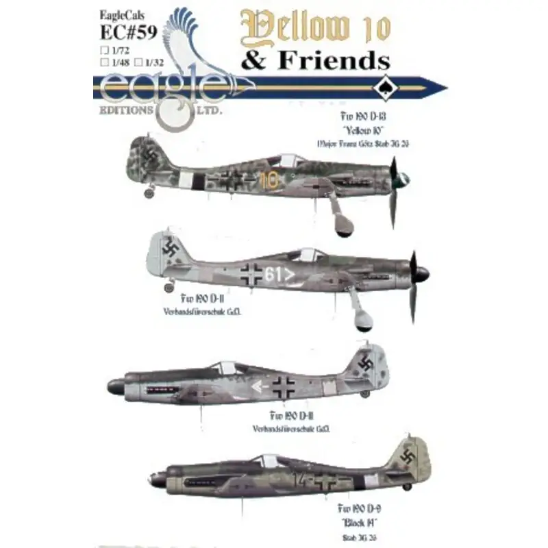 Sticker Focke-Wulf Fw 190D-13/R11/D-11/D-9 (4) Yellow 10 Stab JG26 Now on display at Mesa,AZ,USA; Black 14 Stab JG26; White 61; Premium