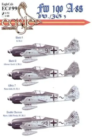 Sticker Focke-Wulf Fw 190A-8/R IV./JG 3 Udet (4) Black 9 ; Black 13 Werner Gerth; White 7 Hans Weik; Double Chevron +~ Hptm Wi Favoriet