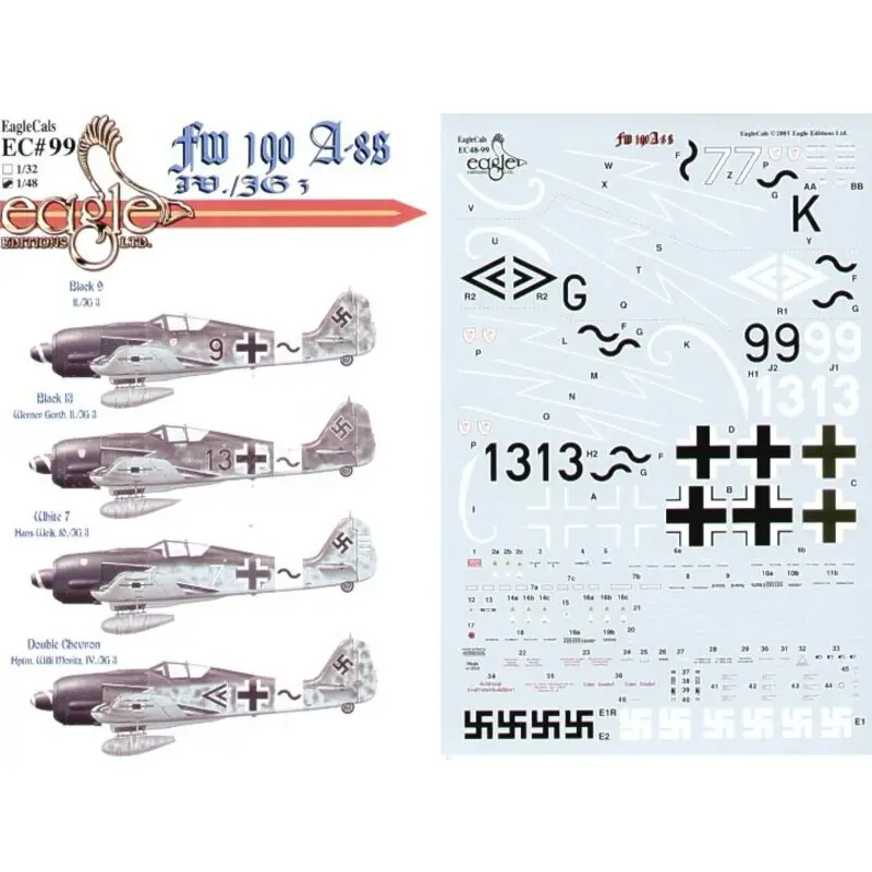 Premium Sticker Focke-Wulf Fw 190A-8/R IV./JG 3 Udet (4) Black 9 ; Black 13 Werner Gerth; White 7 Hans Weik; Double Chevron +~ Hptm Wi
