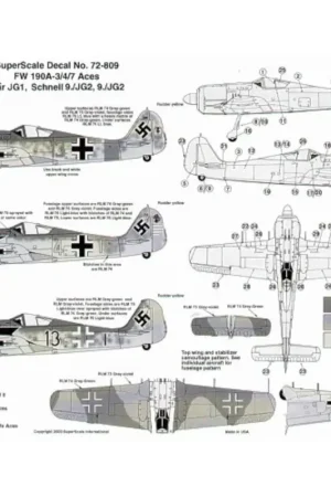 Sticker Focke-Wulf Fw 190A-4/Fw 190A-7 (3) A-4 Yellow 4+1 9/JG2 Siegfried Schnell; Black 13 JG2; A-7 Red 13 II/JG1 Heinz Bar. al Rechtstreeks Van De Fabrikant