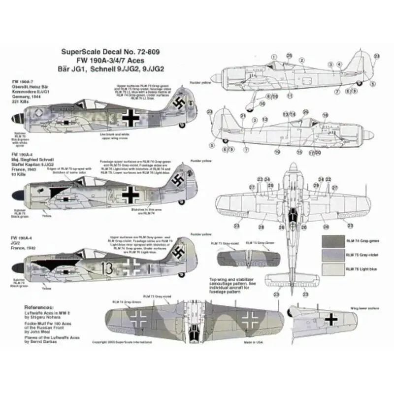 Sticker Focke-Wulf Fw 190A-4/Fw 190A-7 (3) A-4 Yellow 4+1 9/JG2 Siegfried Schnell; Black 13 JG2; A-7 Red 13 II/JG1 Heinz Bar. al Rechtstreeks Van De Fabrikant