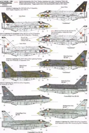 Sticker EE Lightning F.3A and F.6 (5) X769/B 74 Squadron RAF Tengah 1971 overall aluminium with black fin; XR753/A 23 Squadron R Beperkte Voorraad